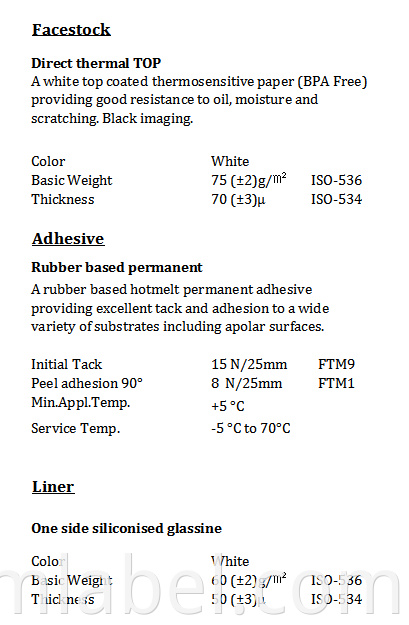 Hf18j1622 Thermal Top Paper Hotmelt White Glassine Tds